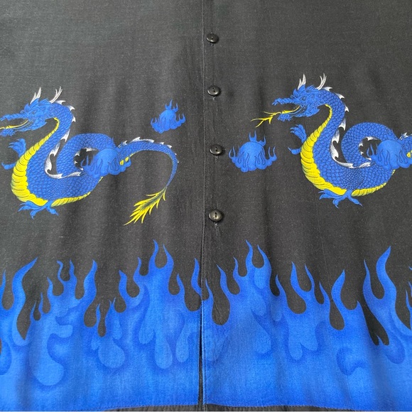 Y2K 90s J/E/T Streetwear Blue Dragon Flames Casual Hawaiian Style Mens XXL - Picture 7 of 11